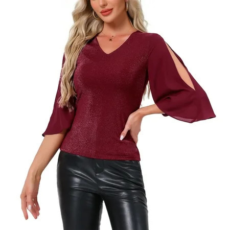 DARING DIVA Women's V Neck Glitter Sparkly 3/4 Sleeve Top XS Red | Walmart (US)