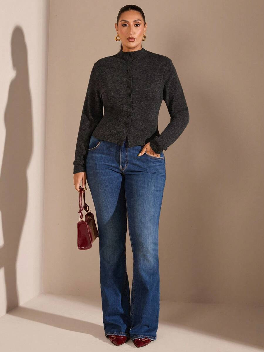 SHEIN BAE Plus Size Women's Plain Front Button Up Long Sleeve Blouse, Casual Daily Wear,Plus Size... | SHEIN