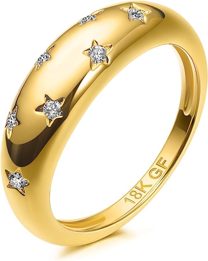 18K Gold Plated 7 Cubic Zirconia Inlayed Star Shiny Dome Ring Statement Ring | Amazon (US)