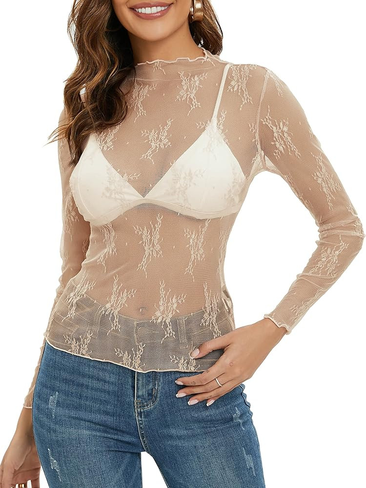 MEROKEETY Womens 2025 Lace Mesh Sheer Long Sleeve Top Sexy Y2k Mock Neck See Through Shirt Blouse... | Amazon (US)