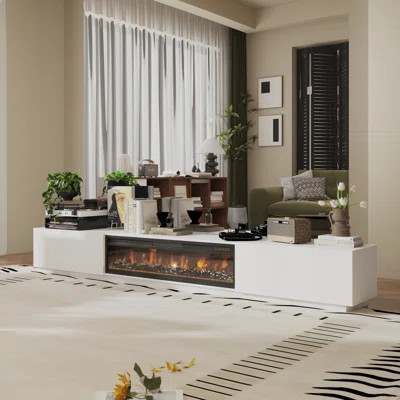 109.7" W Solid and Manufactured Wood TV Stand with Electric Fireplace | Wayfair North America