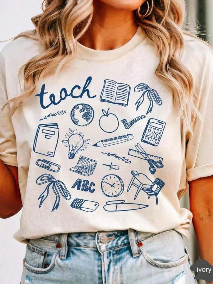 100% Cotton Cute Teach Shirt, Teacher Doodle Shirt,Coquette Teach Shirt,Gift For Teacher Appreciation,New Teacher Graduation Gift100% Cotton Maestra Helping Little Minds Grow Last Day Of School Teacher T-Shirt Men's Women's Soft Breathable Tee Classic Fashion Summer Tops | SHEIN