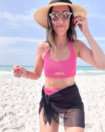 Obsessed with this hot pink ribbed bathing suit! Wearing size small in top, seize medium bottom. 

Hat is the only one I wear at the beach and pool! And my go to sarong! Have it in white too! You 

#LTKFind #LTKswim #LTKtravel