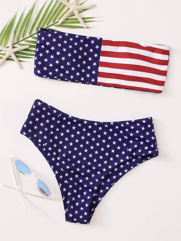 American Flag Print Bandeau Bikini Swimsuit | SHEIN