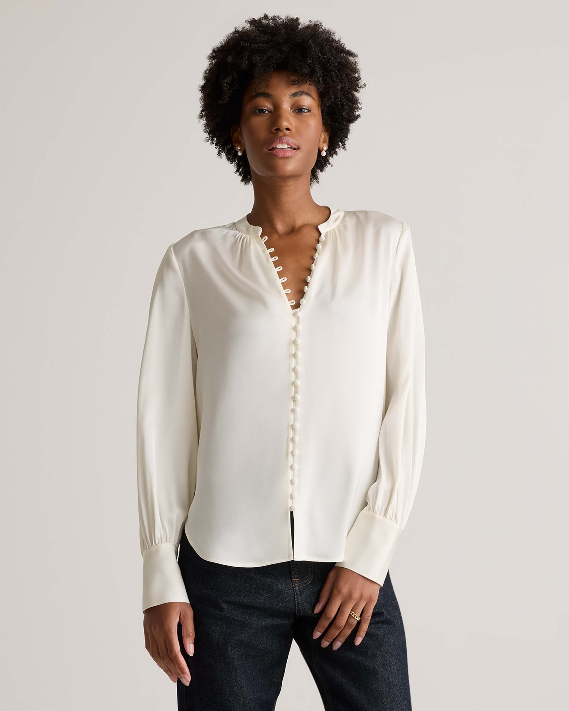 Quince | Women's Washable Stretch Silk Peasant Blouse in Ivory, Size XS | Quince