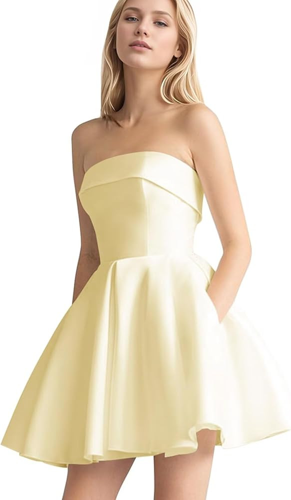 Leeskoot Satin Homecoming Dresses for Teens 2026 Strapless Short Prom Dress A Line Mini Cocktail ... | Amazon (US)