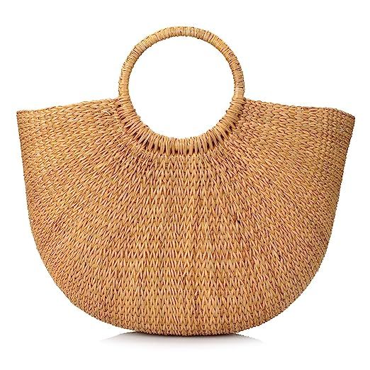 Natural Chic Hand-Woven Round Handle Ring Toto Retro Large Casual Summer Beach Handbags (Yellow G... | Amazon (US)
