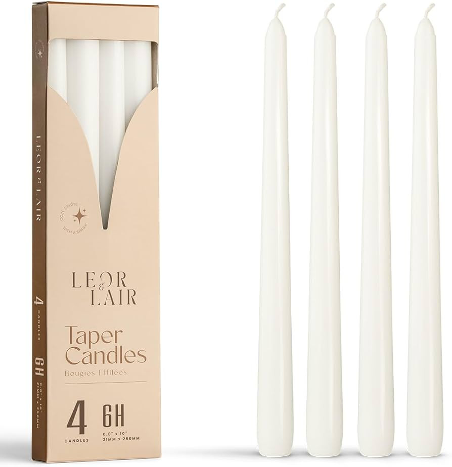 Leor & Lair White Taper Candles - 4 Pack 10" White Candlesticks - Unscented Long Burning Candle S... | Amazon (US)