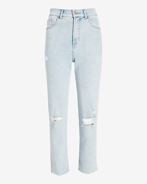 Super High Waisted Ripped Raw Hem Mom Jeans | Express