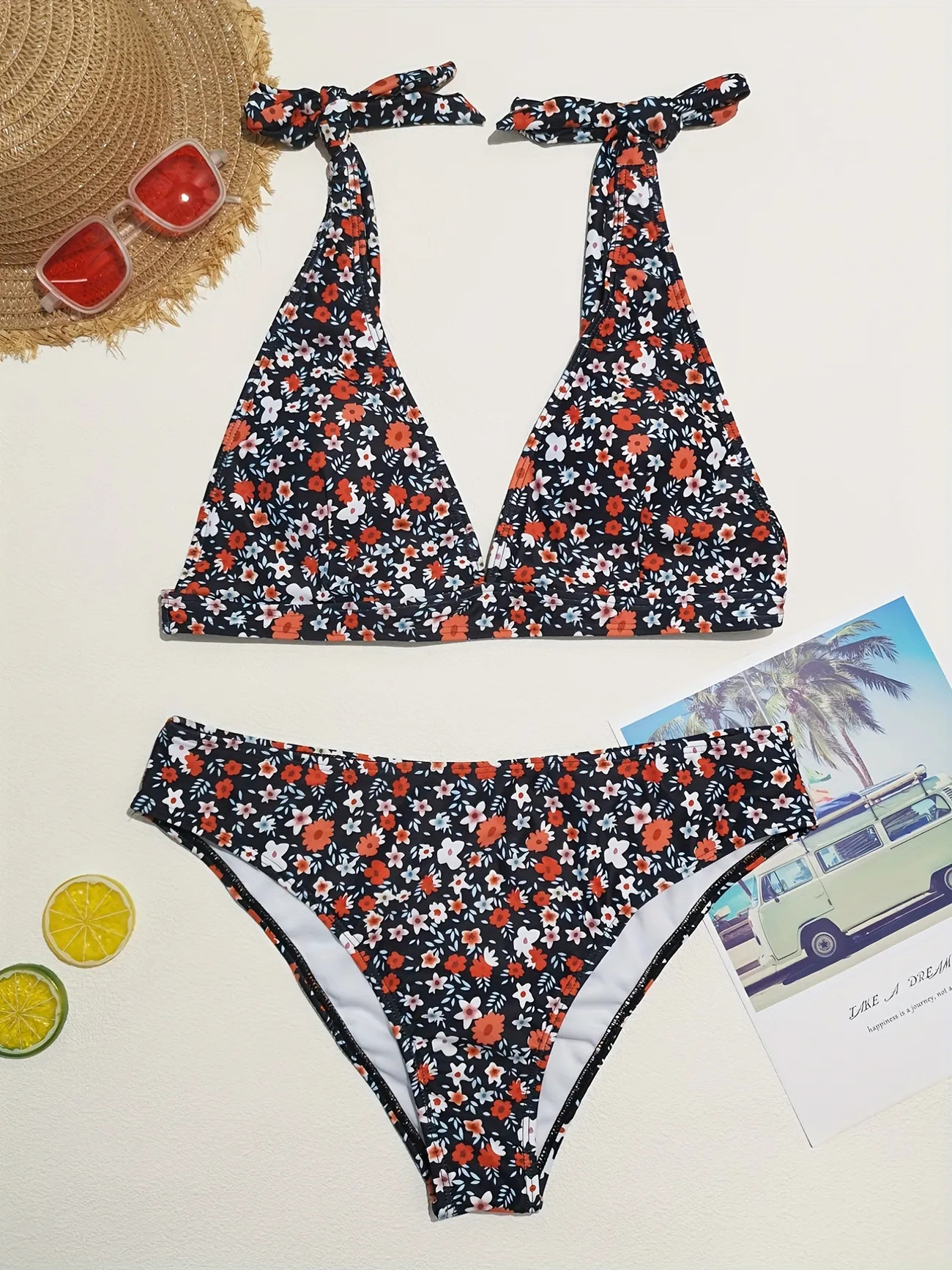 Bow Tie Shoulder Straps Bikini Sets, Ditsy Floral Print V Neck High Cut Beachwear Two Pieces Swim... | Temu Affiliate Program