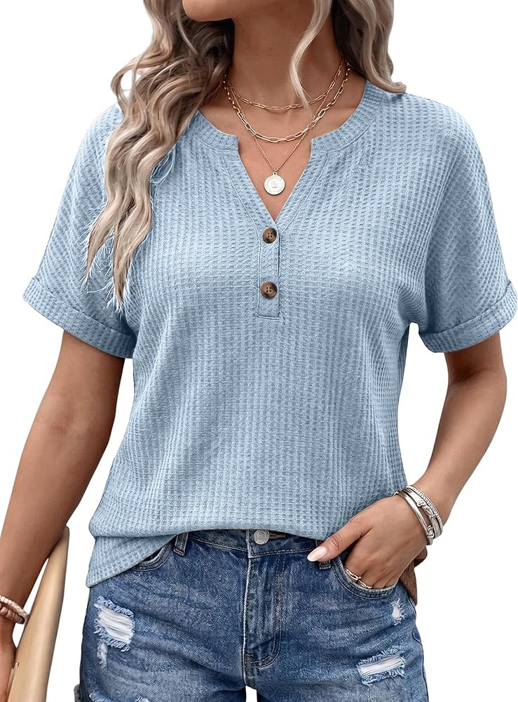 Women's Waffle Knit Short Sleeve T Shirts Casual Tops V Neck Basic Tee Work Blouses 2026 Trendy C... | Amazon (US)