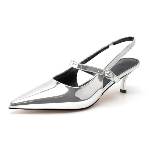 Silver Heels for Women Dressy，Kitten Heels Women's Slingback Pumps with Pointed Closed Toe Shoes for Elegant Bridal Wedding Office Party 10 | Amazon (US)