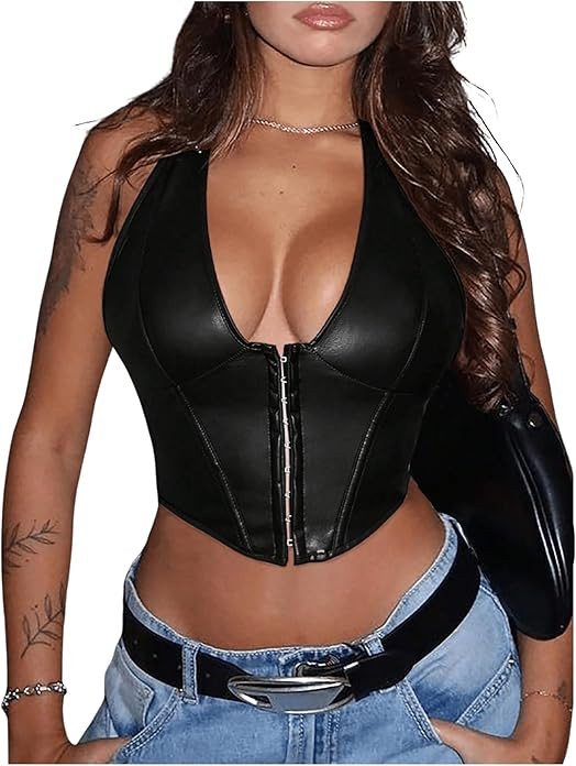 Floerns Women's Y2K PU Leather Halter Neck Hook Eye Backless Asymmetrical Party Crop Tank Top | Amazon (US)