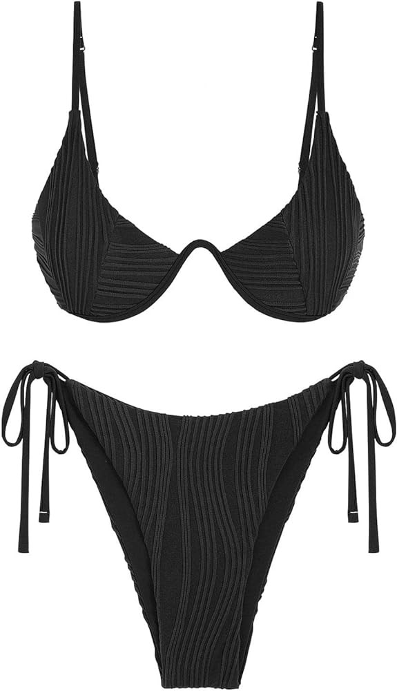 ZAFUL Women's Textured Underwire Bikini Set V Notch High Cut Swimwear Tie Side Ribbed Sexy Swimsu... | Amazon (US)