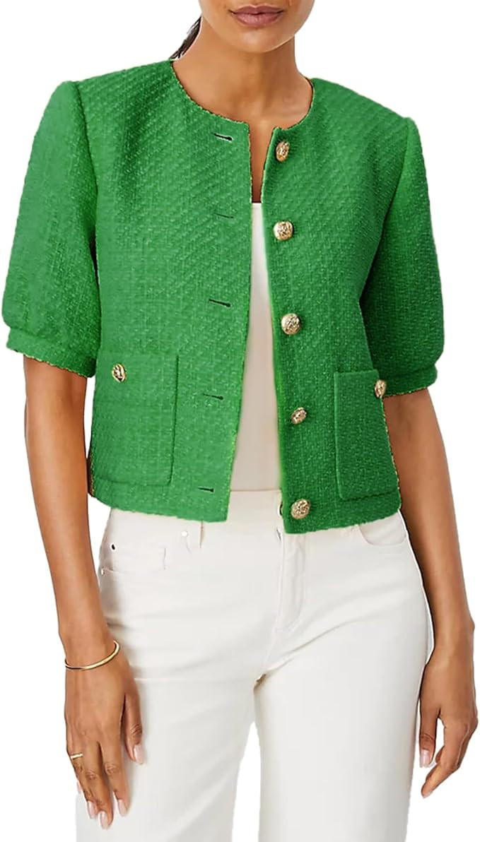 LifeShe Puff Short Sleeve Tweed Jacket Women Cropped Jackets Summer Open Front Office Work Blazer... | Amazon (US)