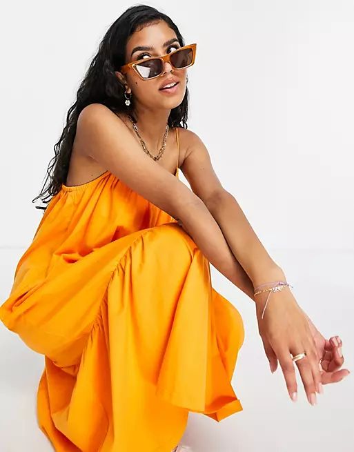 ASOS DESIGN strappy midi sundress with pep hem in orange | ASOS (Global)