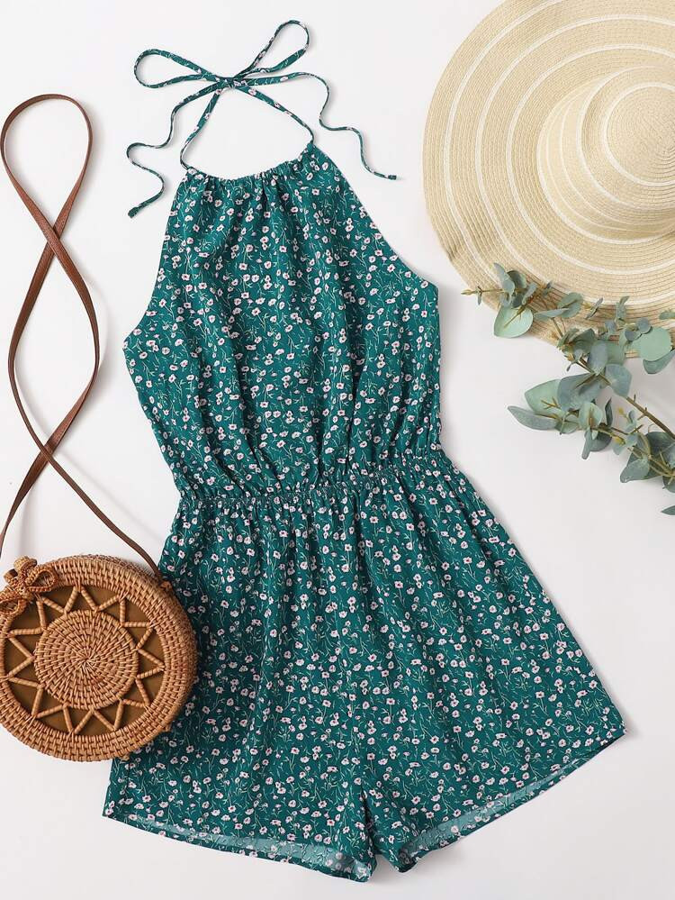 SHEIN VCAY Ditsy Floral Print Tie Back Halter Romper | SHEIN