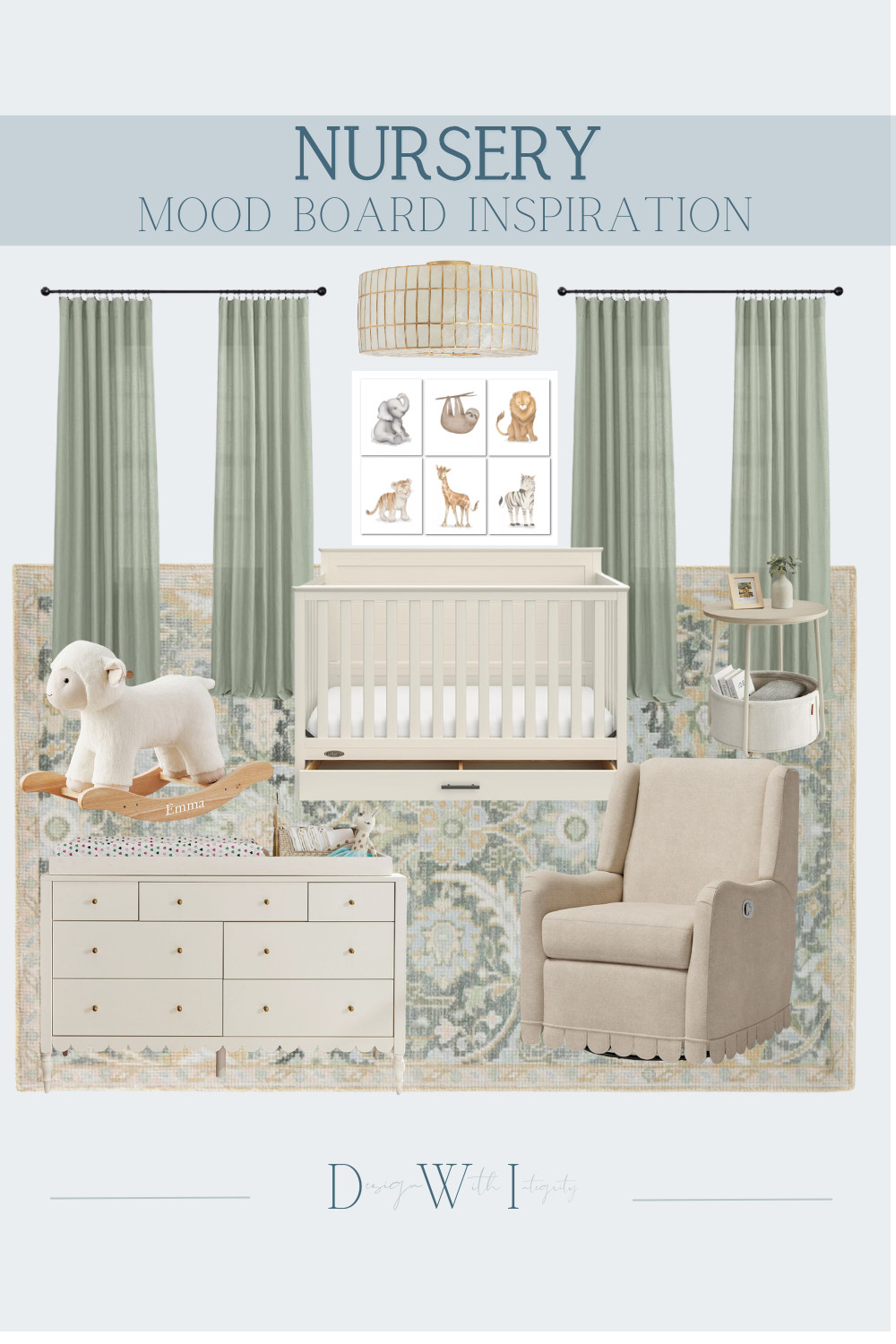 This nursery mood board blends soft sage green with warm neutrals for a space that feels calm, elevated, and effortlessly timeless. The neutral crib and dresser create a clean foundation, while the upholstered glider adds everyday comfort. Layered textures from the vintage inspired rug and tailored drapery bring depth, while playful animal artwork and a classic rocking toy add a sweet, whimsical touch. The result is a nursery that feels both serene and thoughtfully styled for real life. Tap through to shop the curated nursery furniture, lighting, and decor selections.

#nurseryinspiration
#nurserydesign
#neutralnursery
#nurserydecor
#babyroomdesign

nursery mood board
sage green nursery
neutral nursery design
nursery furniture
crib design
nursery dresser
nursery glider
baby room inspiration 

 #LTKHome