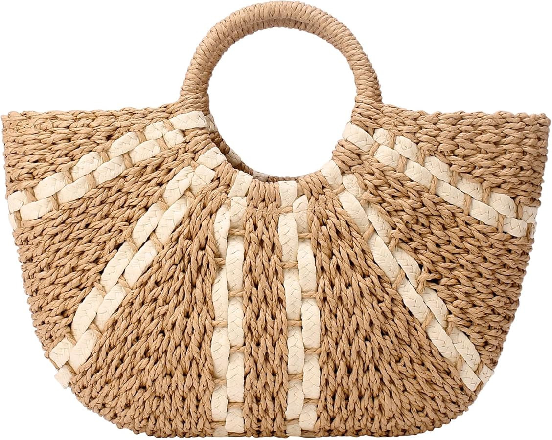 YYW Straw Bags for Women,Hand-woven Straw Large Bag Round Handle Ring Tote Retro Summer Beach Rat... | Amazon (US)