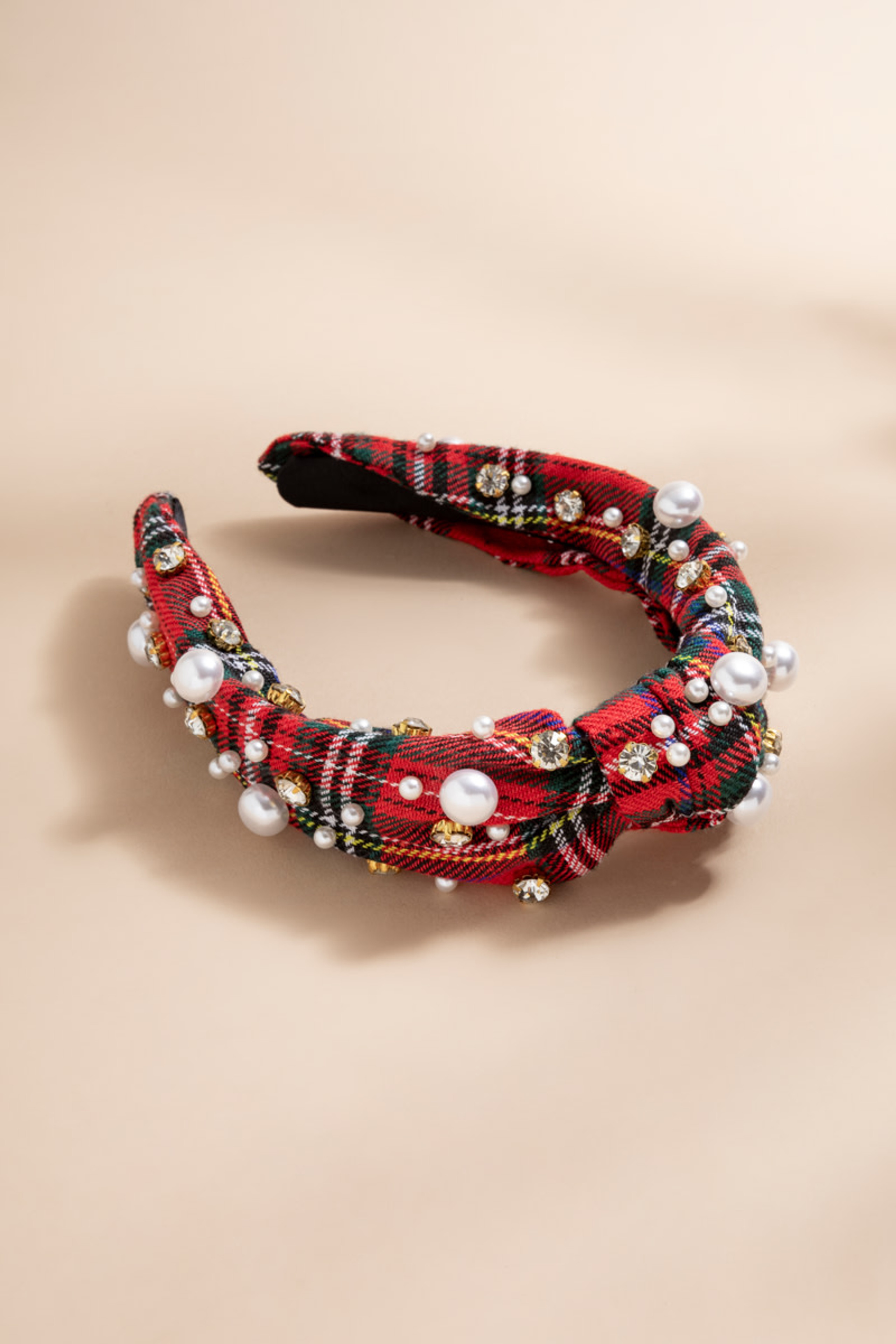 Anne Plaid Pearl Embellished Knot Headband | Francesca's