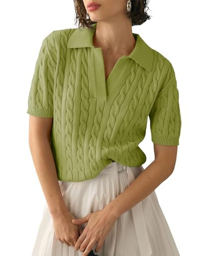 Imily Bela Women's Cable Short Sleeve Sweaters Tops Solid Lapel V Neck Knit Casual Soft Pullover Shirt Grass Green | Amazon (US)