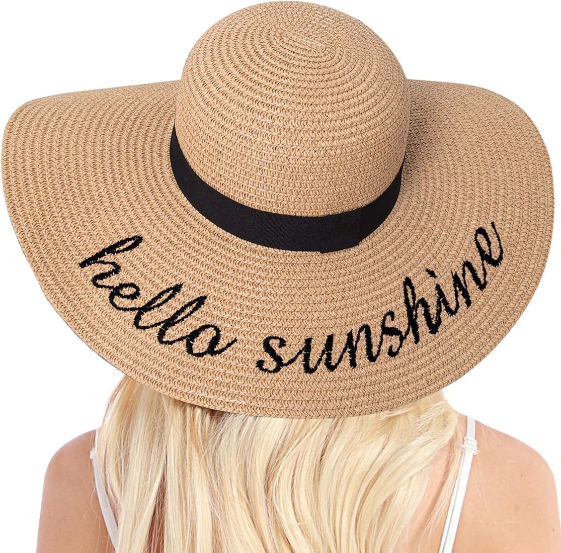 Womens Straw Hat Wide Brim Floppy Beach Sun Hat for Women UPF 50+ Adjustable Strap Vacation | Amazon (US)