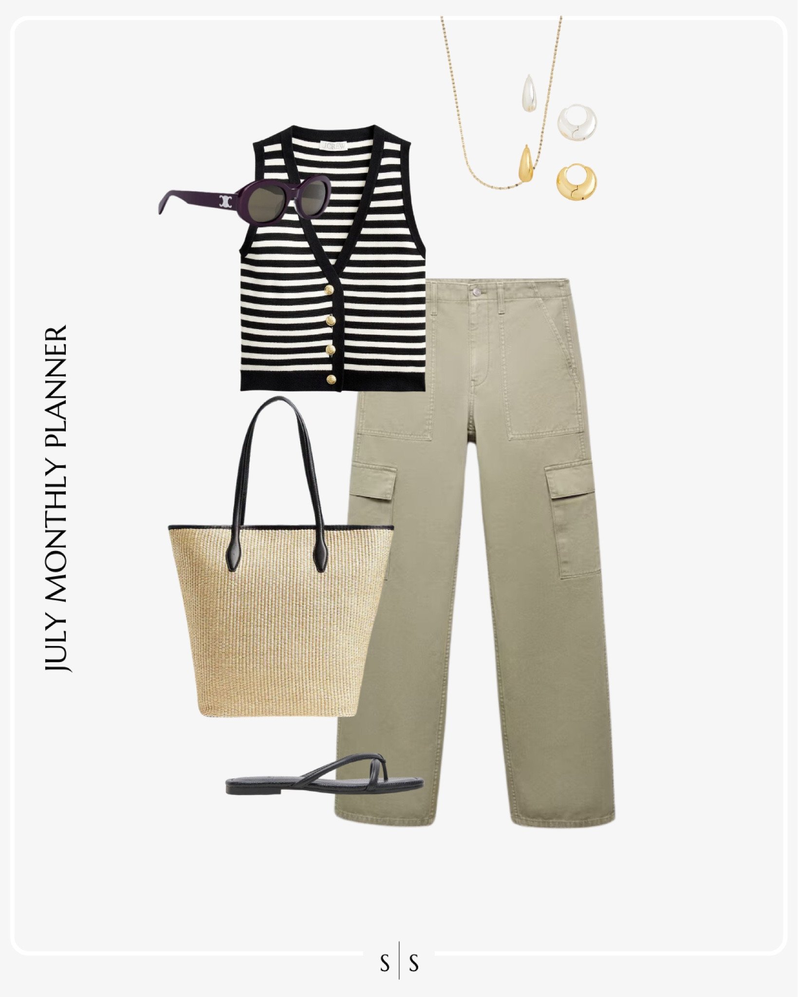 Monthly outfit planner JULY: Summer looks | striped sweater vest, cargo linen pant, straw tote bag, slide sandals, Summer accessories 

See the entire calendar on thesarahstories.com ✨ 

#LTKStyleTip