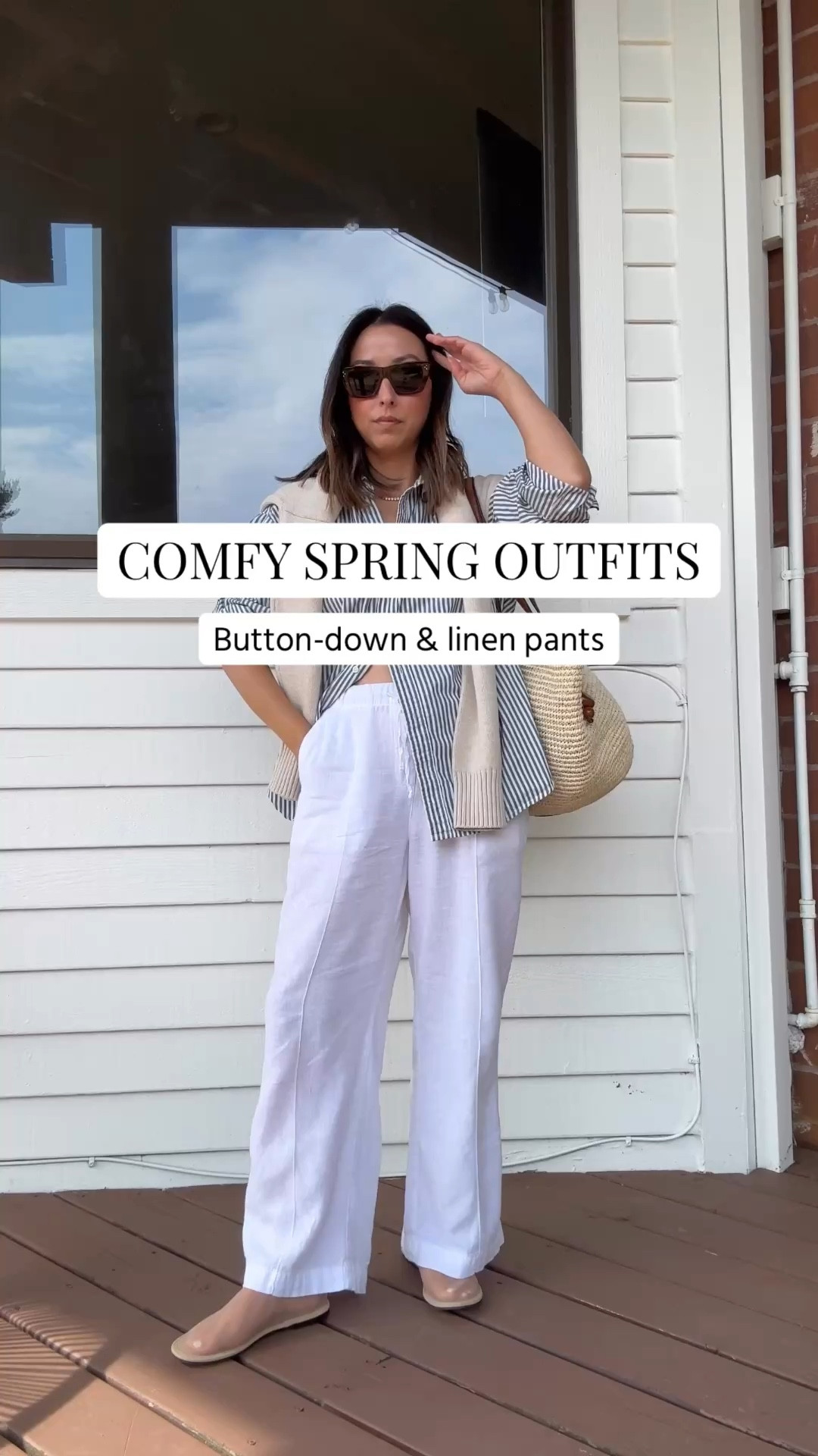 A fav spring outfit combo: oversized button down & linen pants. So comfy & chic.

Gap x Doen shirt xs (old, linked similar)
Gap Factory linen blend pants petite xs
Amazon Mesh flats 5
Hunting Season tote
Quince cotton sweater small. Speckled beige 
Celine sunglasses
Blue Nile earrings
Dorsey James necklace 15"

Petite style, summer outfits, summer style, white linen pants, spring outfits 2026



#LTKmomlife #LTKPetite