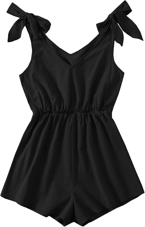 Romwe Women's Sleeveless Knot Shoulder Elastic Waist V Neck Cami Romper Jumpsuit | Amazon (US)