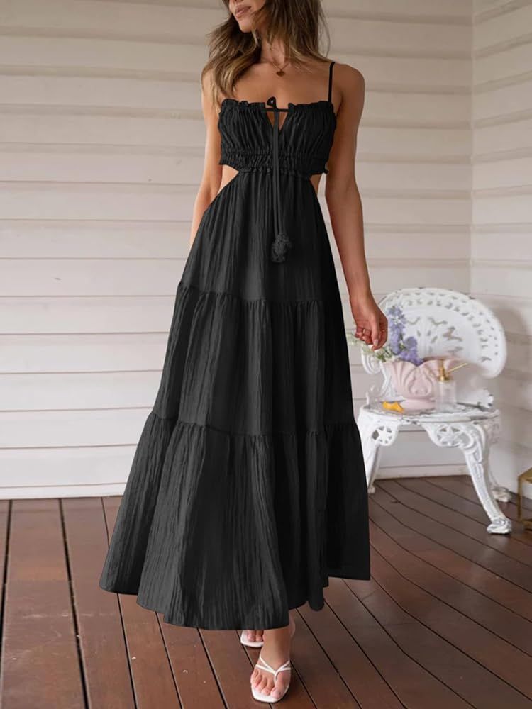 Fisoew Women's Spaghetti Strap Maxi Dress Summer Sleeveless Side Cut Out Dress Casual Boho Backle... | Amazon (US)