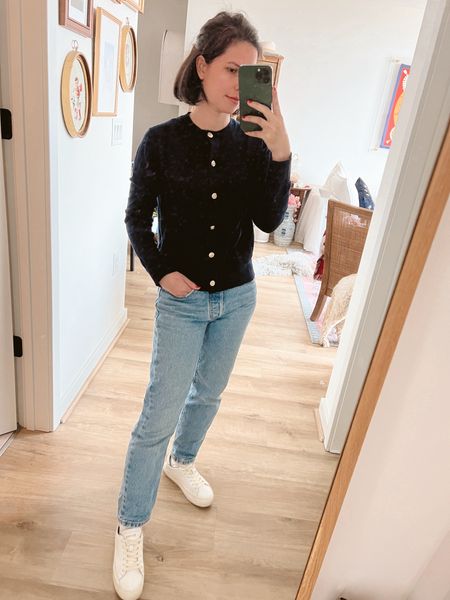 Sweater xs
Jeans 24 (I’m 5’1”) 
Shoes - wish I had sized down half a size 

Work from home, navy cardigan, Levi’s, 501 crop, petite, over 30c cardigan outfit, jeans under $100, white sneakers, soludos platform sneaker, Massimo Dutti 

#LTKstyletip #LTKshoecrush #LTKfindsunder100