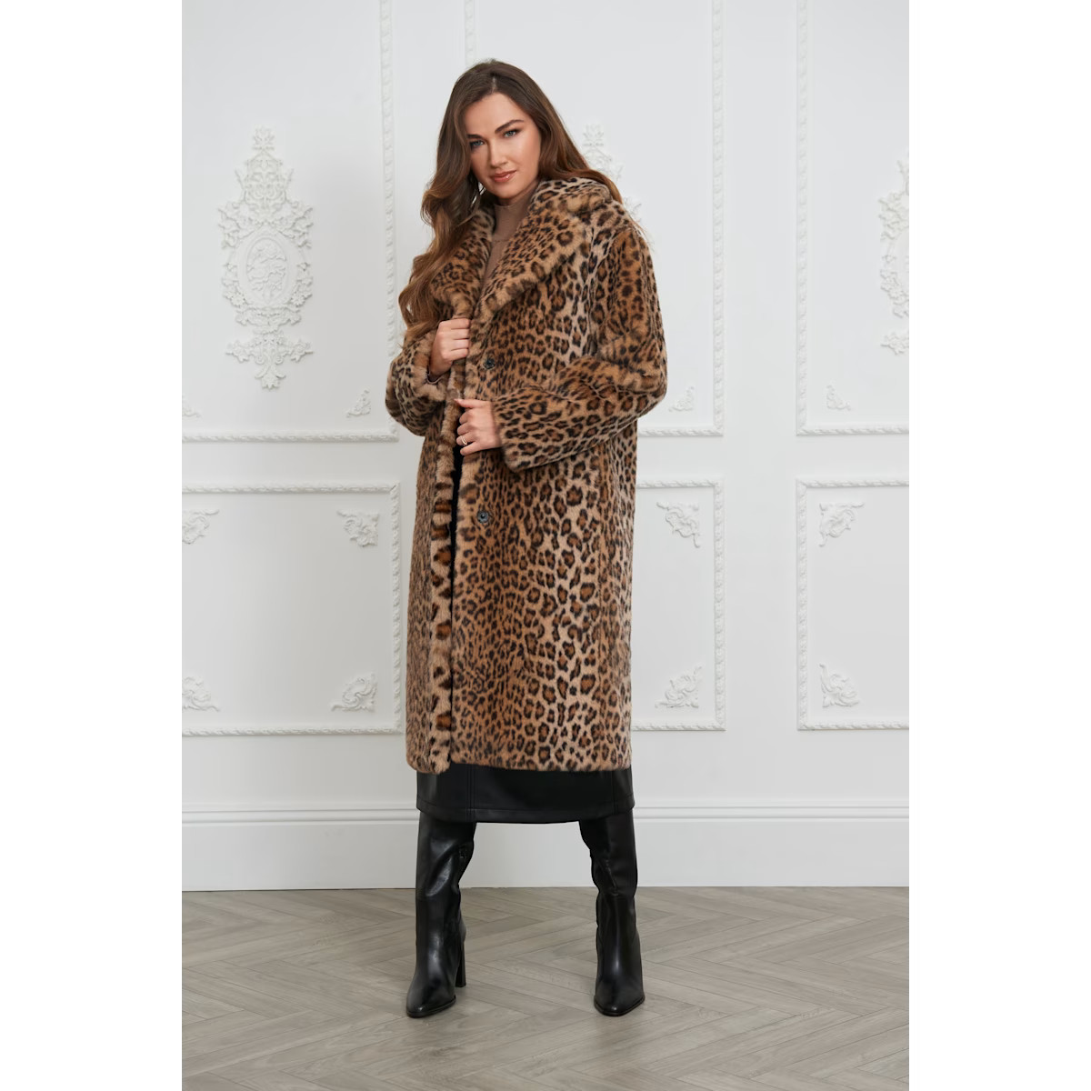 Loretta Longline Luxe Faux Fur Coat Leopard | Wolf & Badger (US)