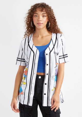 White Pinstriped Mickey Graphic Baseball Jersey | rue21