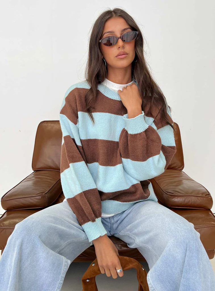Ardentia Crew Neck Knit Sweater Aqua Stripe | Princess Polly US