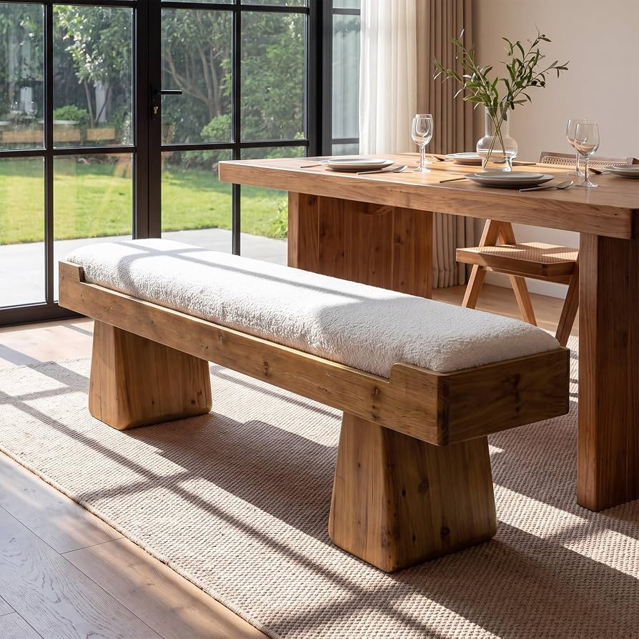 55" Upholstered Dining Bench with Cushion,Solid Wood,Brown White | Amazon (US)