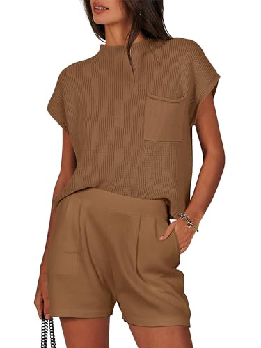 ANRABESS Women's Two Piece Summer Outfits Knit Sweater Short Sets Pullover Tops & Shorts Lounge M... | Amazon (US)