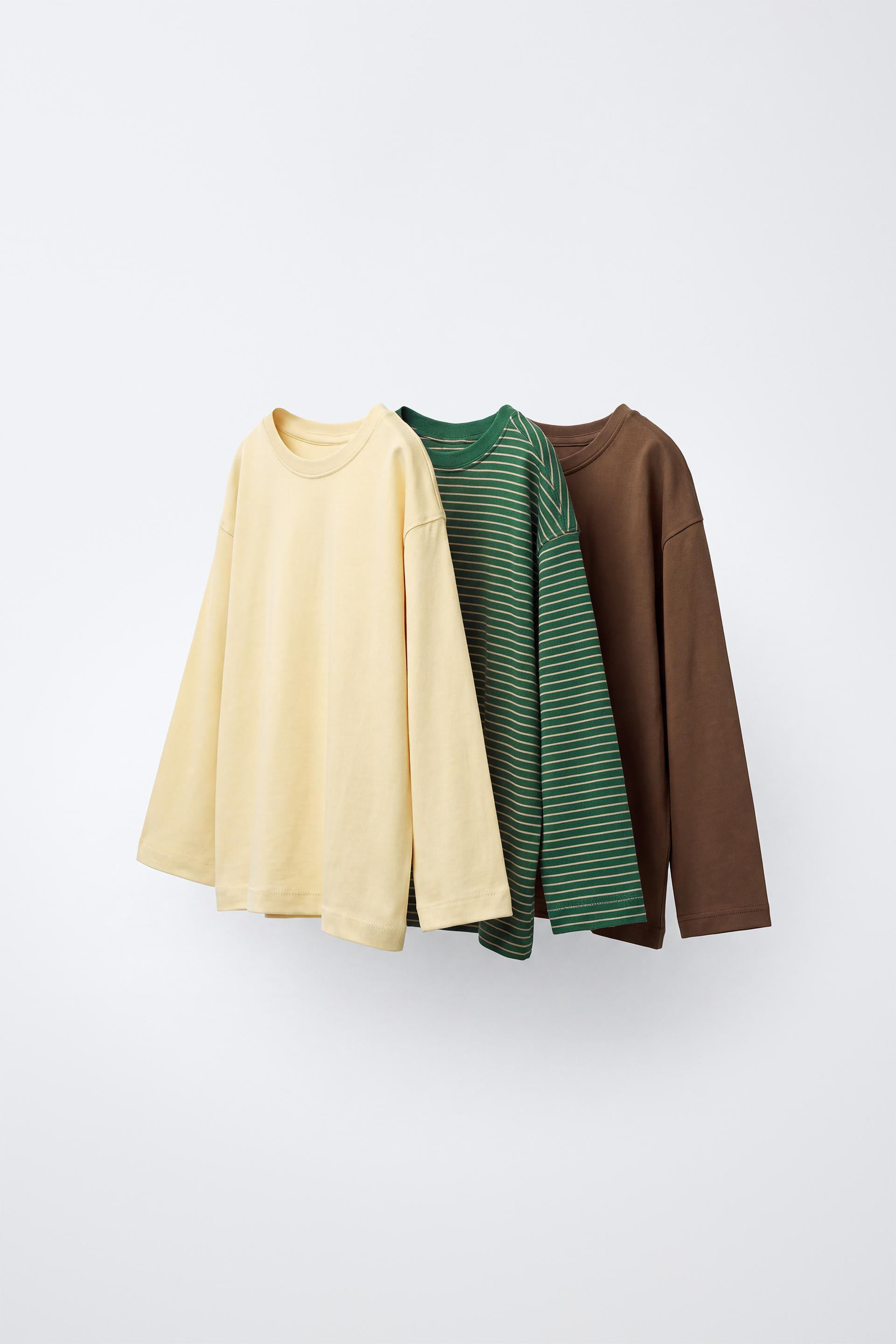 Zara - 3-Pack Of Striped And Plain Long Sleeve T-Shirts - Gray Green - 1½ Years (33,9 Inches) - Kids | Zara US