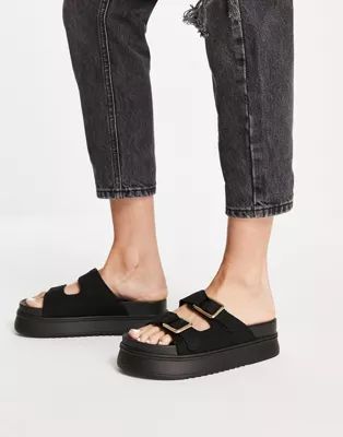 Truffle Collection chunky flatform slider with double buckle in black | ASOS (Global)