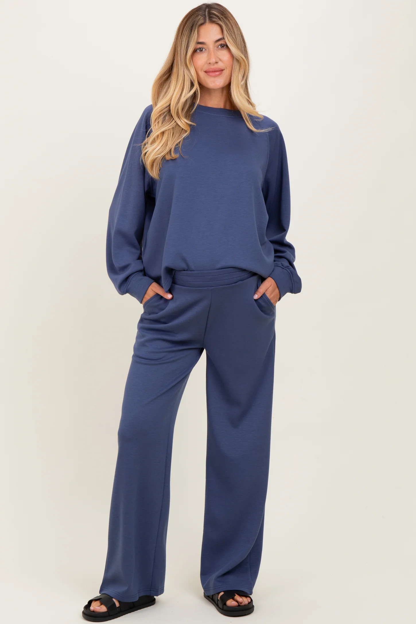 Blue Crewneck Pullover Pant Maternity Set | PinkBlush Maternity