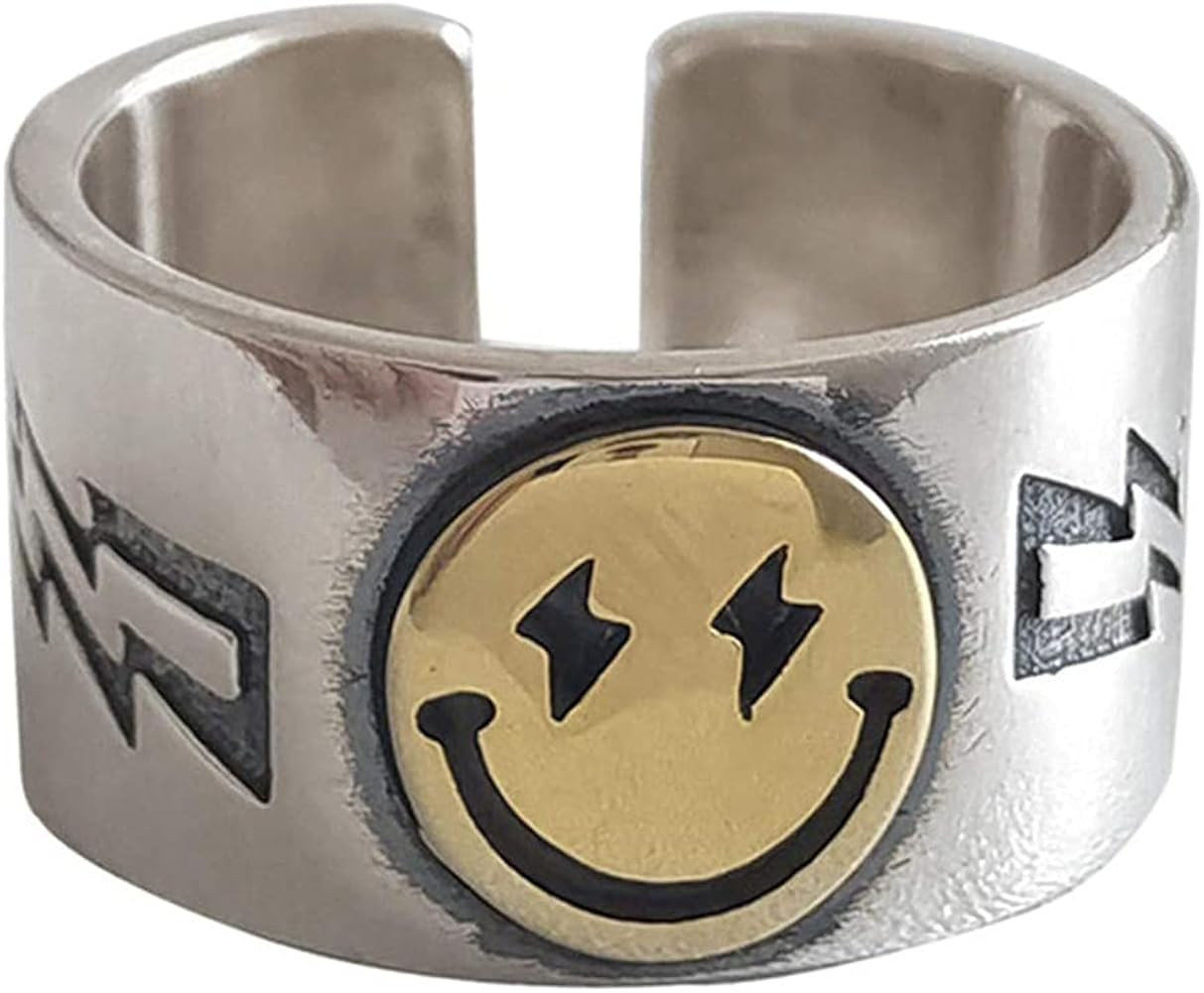 Statement Smiling Face Rings Vintage Band Adjustable Bands Smiley Wide Rings Jewelry for Women | Amazon (US)