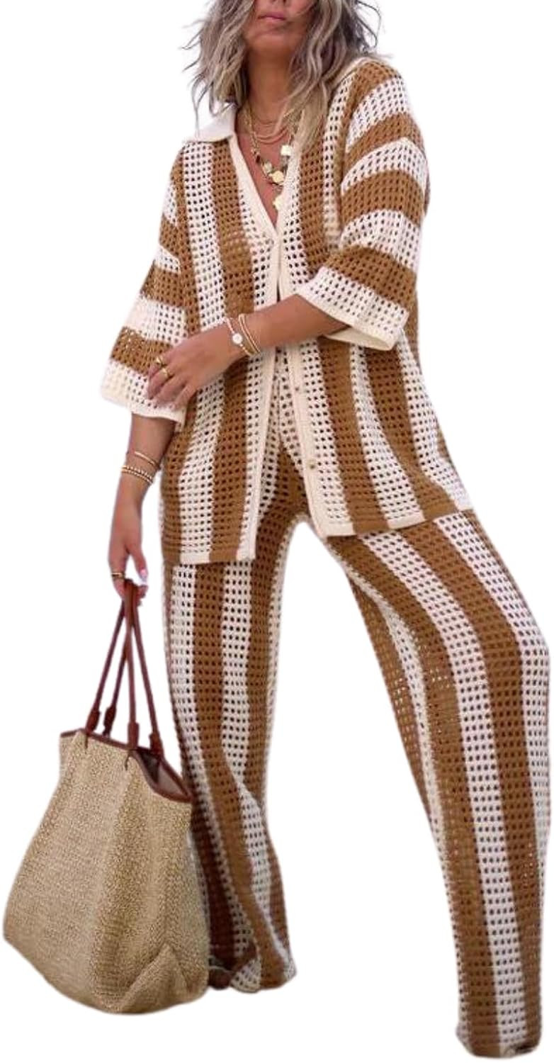 Women Cover Up Sets Button Up Tops with Pants Crochet Set Outfit 2 Piece Outfits Vacation Outfits | Amazon (US)