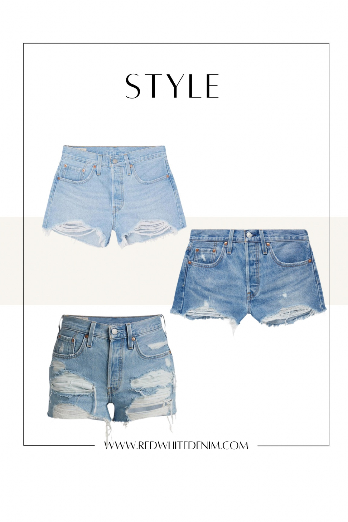 All my favorite Levi’s 501 Denim Shorts! 

MEDIUM WASH "Athens Mid Short" Size up 1 full size.

LIGHT WASH "Luxor Heat" Size up 1 full size.

DISTRESSED WASH "Luxor Anubis" These run large so stick to your TTS.