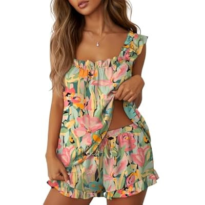 Lepunuo Pajamas for Women Summer 2 Piece Pjs Ruffle Tank Top Short… | Amazon (US)