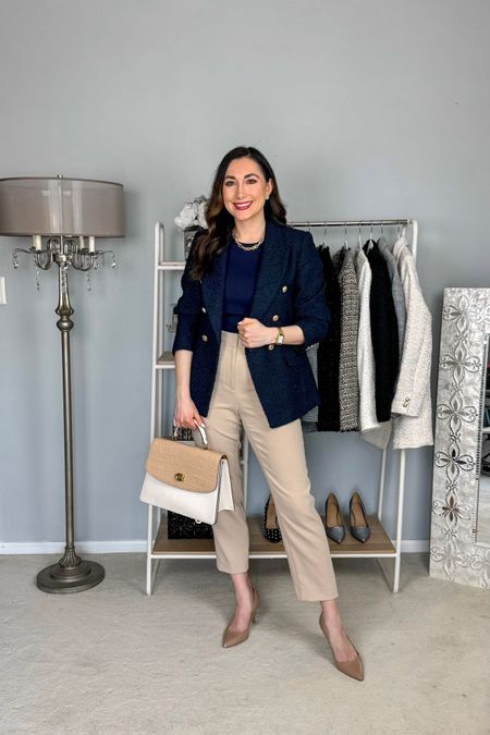 Spring business casual outfit 💙

Navy boucle blazer size small, TTS
Navy tank (linked similar)
Tan high waisted work pants (linked similar)
Nude heels size 7, TTS

Work wear 
Work outfit 
Office outfit 

#LTKworkwear #LTKstyletip #LTKSeasonal