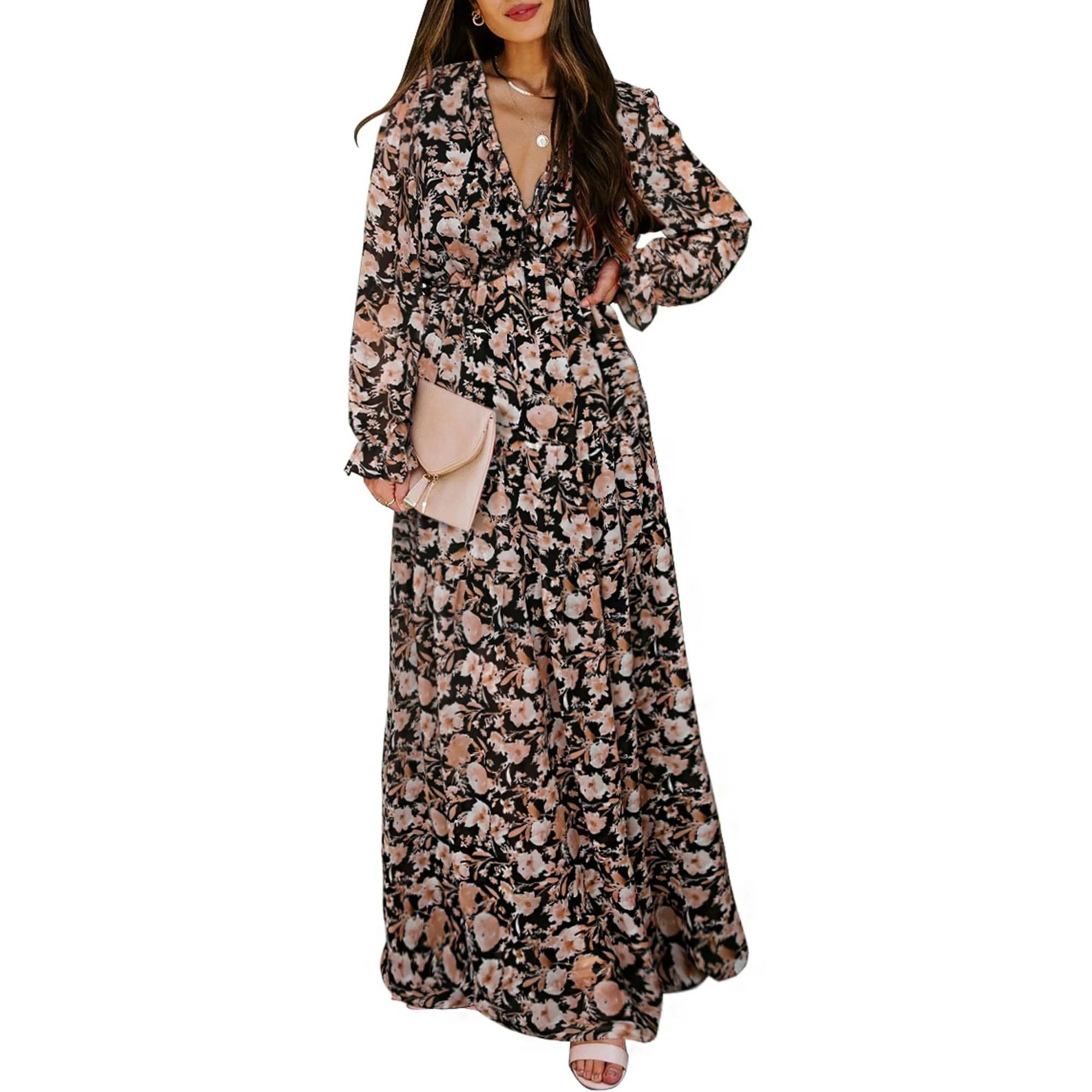 Dokotoo Ladies Black Boho Floral Maxi Dress Flowy Ruffle Trim Long Sleeve Fall Dresses Casual Dre... | Walmart (US)