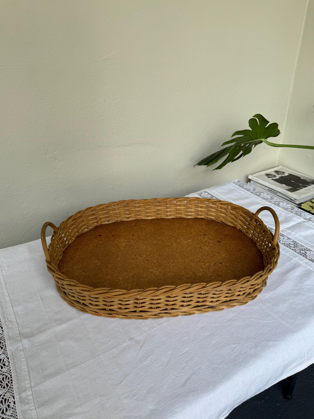 Vintage MCM Handwoven Large Wicker Serving Tray, Mid Century Modern Rattan Basket - Etsy | Etsy (US)
