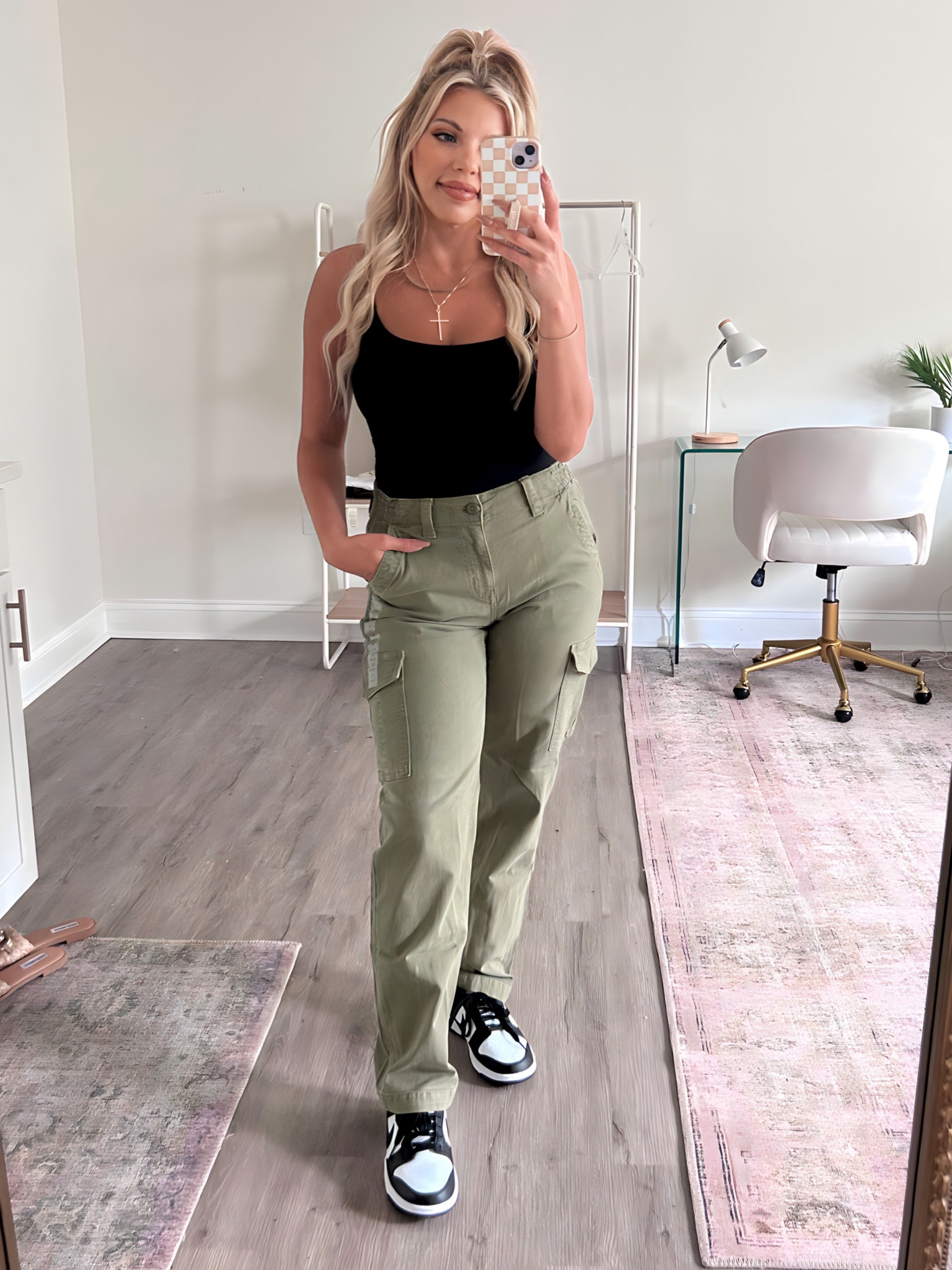 Medium in bodysuit and a size 4 in cargo jogger pants on sale for 25% off today! 