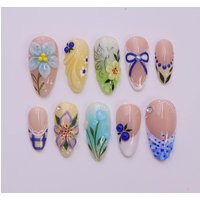 Spring Press On Nails With Pastel Flower & Blue Bow | 3D Botanical Fake Nail in Medium Almond Handmade Art For Holiday, Wedding, Gift | Etsy (US)