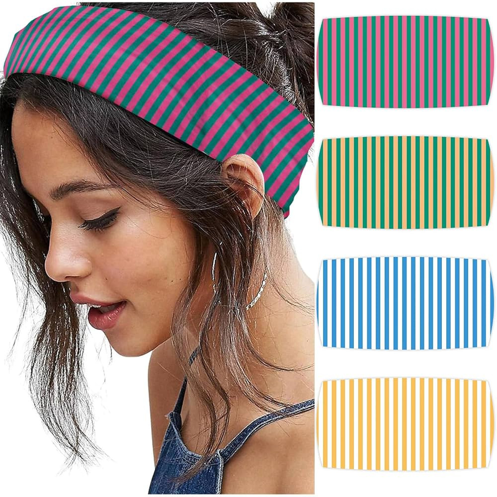 4pcs Striped Headbands for Women Wide Head Bands for Women's Hair Non Slip Wraps Elastic Stretchy... | Amazon (US)