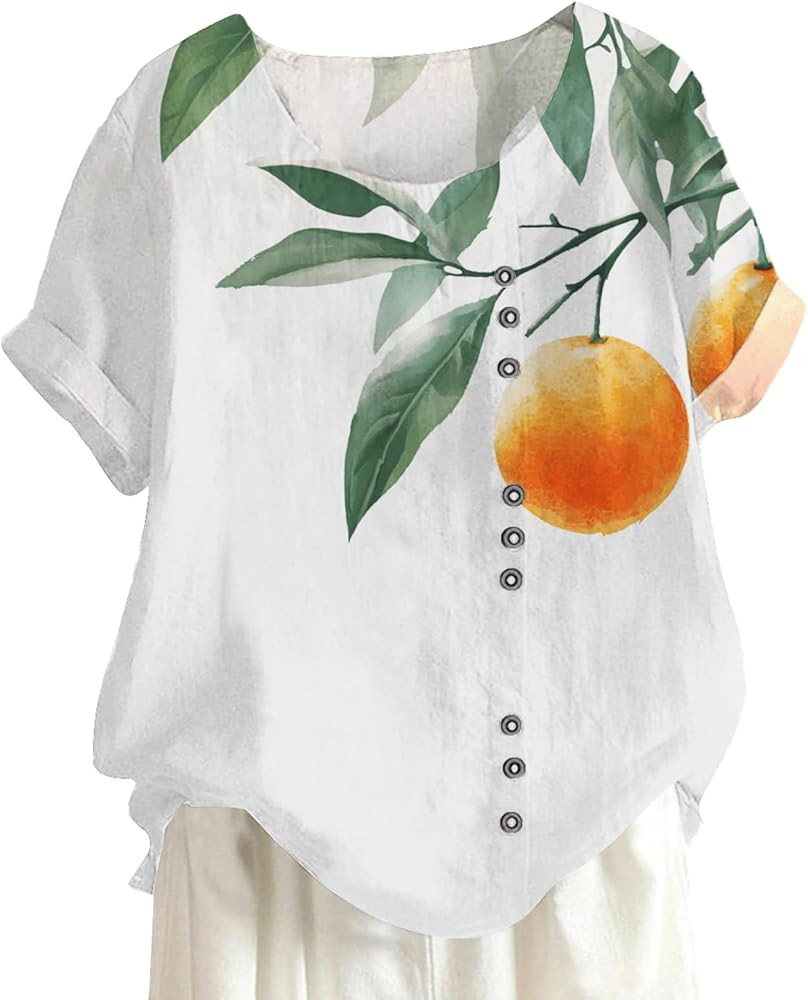 Summer Fruit Printed T-Shirt Women Hawaiian Vacation Beach Shirt Button Decor Bohe Casual Crew Ne... | Amazon (US)
